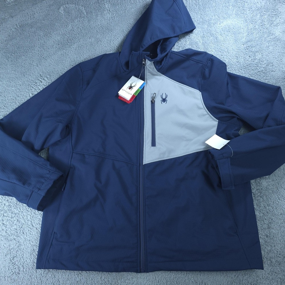 Spyder Jacket Mens XL Blue Gray Softshell Hooded Full Zip Colorblock Lined